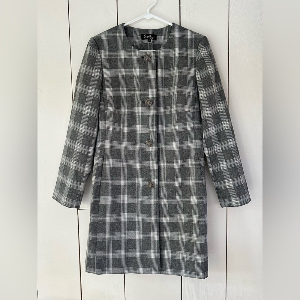 VTG 90s Emily Glen Plaid Collarless Jacket Sz 6-8 Grey White Corpcore Career